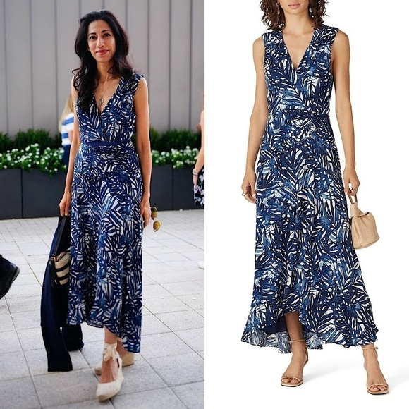 JONATHAN SIMKHAI Palm Print Sleeveless Ruched Waist Wrap V-Neck Midi Dress 6 - Picture 1 of 10